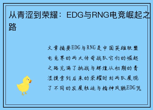 从青涩到荣耀：EDG与RNG电竞崛起之路